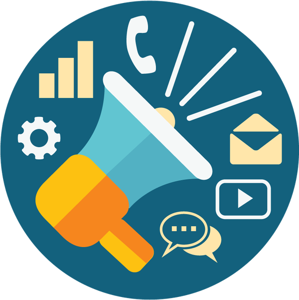 Illustration of a megaphone surrounded by analytics, email, video, chat, and phone icons